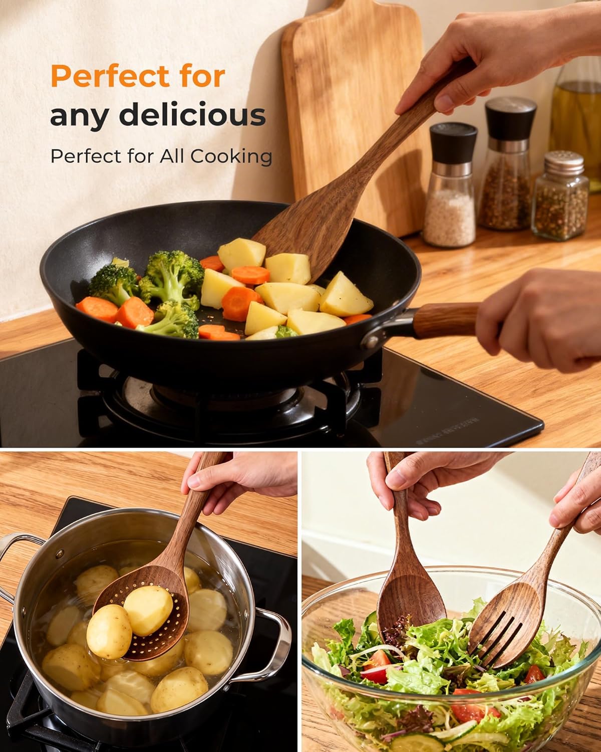 Mooues 9-Piece Acacia Wood Cooking Utensils Set with Holder & Spoon Rest – Natural Wooden Kitchen Tools