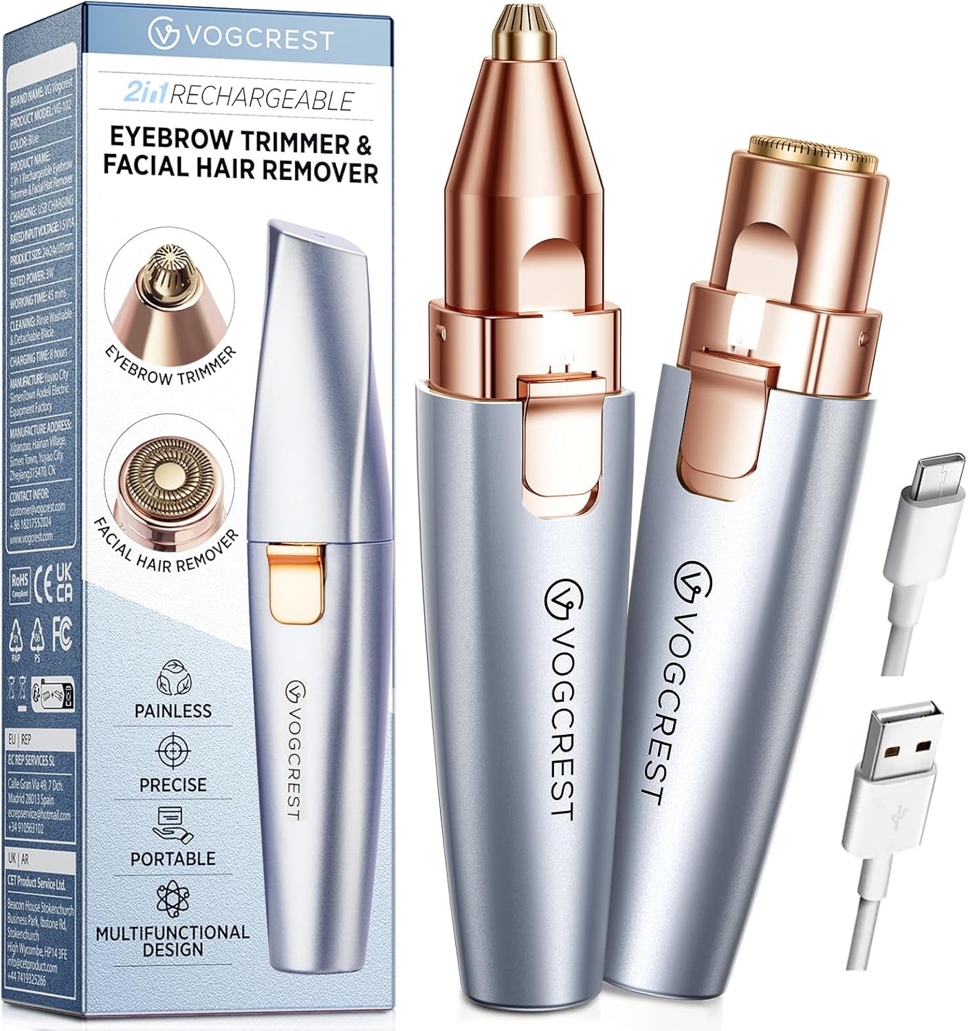 VG VOGCREST Eyebrow & Facial Trimmer – 2-in-1 Rechargeable Facial Hair Removal & Eyebrow Shaver with LED Light (Rose Gold)