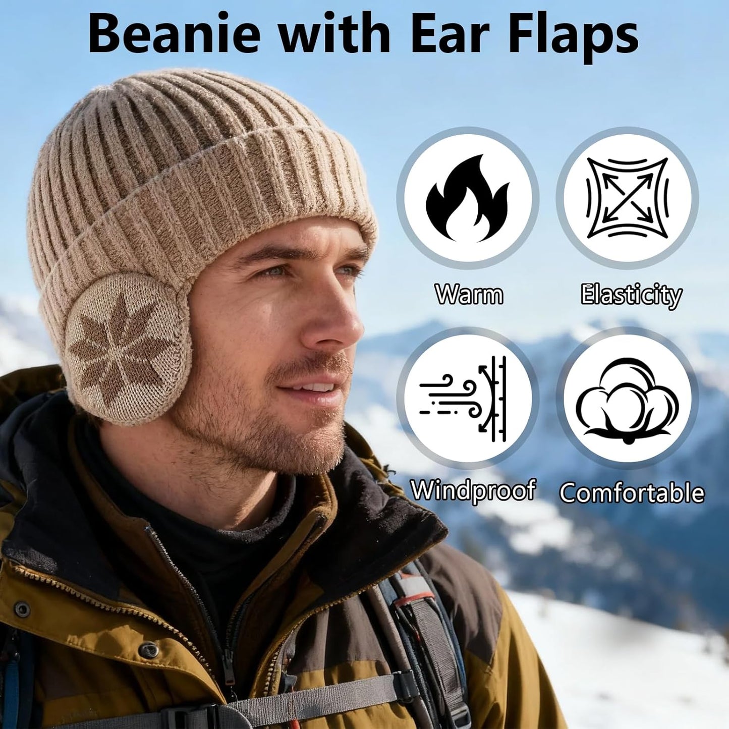 Winter Beanie Hat with Ear Flaps – Fleece-Lined Knit Skull Cap for Men & Women, Warm Windproof Outdoor Hat