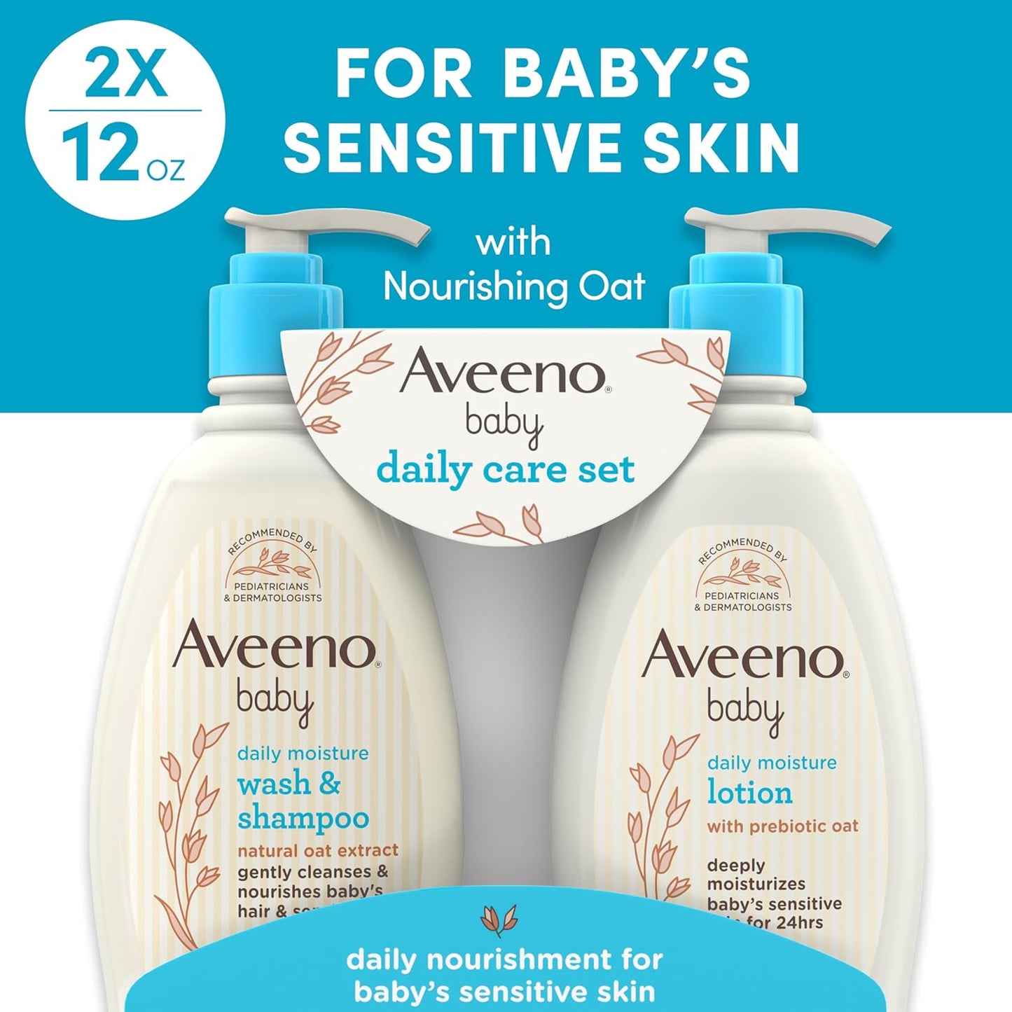 Aveeno Baby Daily Care Gift Set – 2-Piece Baby Bath & Skincare Set with Oat Extract & Prebiotic Oat, Gentle 2-in-1 Baby Wash & Shampoo + Daily Moisturizing Lotion, Hypoallergenic, Paraben-Free