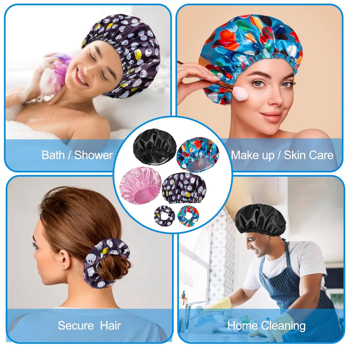 Happtiger Reusable Waterproof Shower Caps for Women, 4PCS Double Layer Hair Caps with 2 Satin Scrunchies, Elastic Bath Caps for Shower, Spa & Hair Care