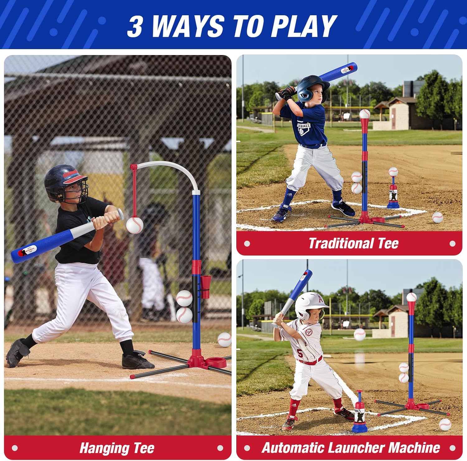 Kids 3-in-1 Baseball Set for Toddler Ages 3–5 – Adjustable Tee Ball Stand with Hanging Tee, Ball Launcher, 6 Softballs for Boys & Girls