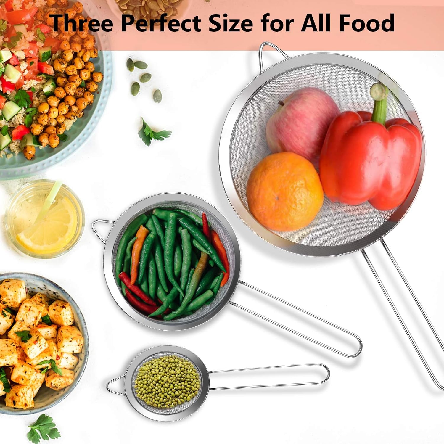 3PCS Stainless Steel Fine Mesh Strainer Set with Handle – Extra Fine Kitchen Sieves for Flour, Rice, Quinoa, Juice & Baking, Small Medium Large Sizes