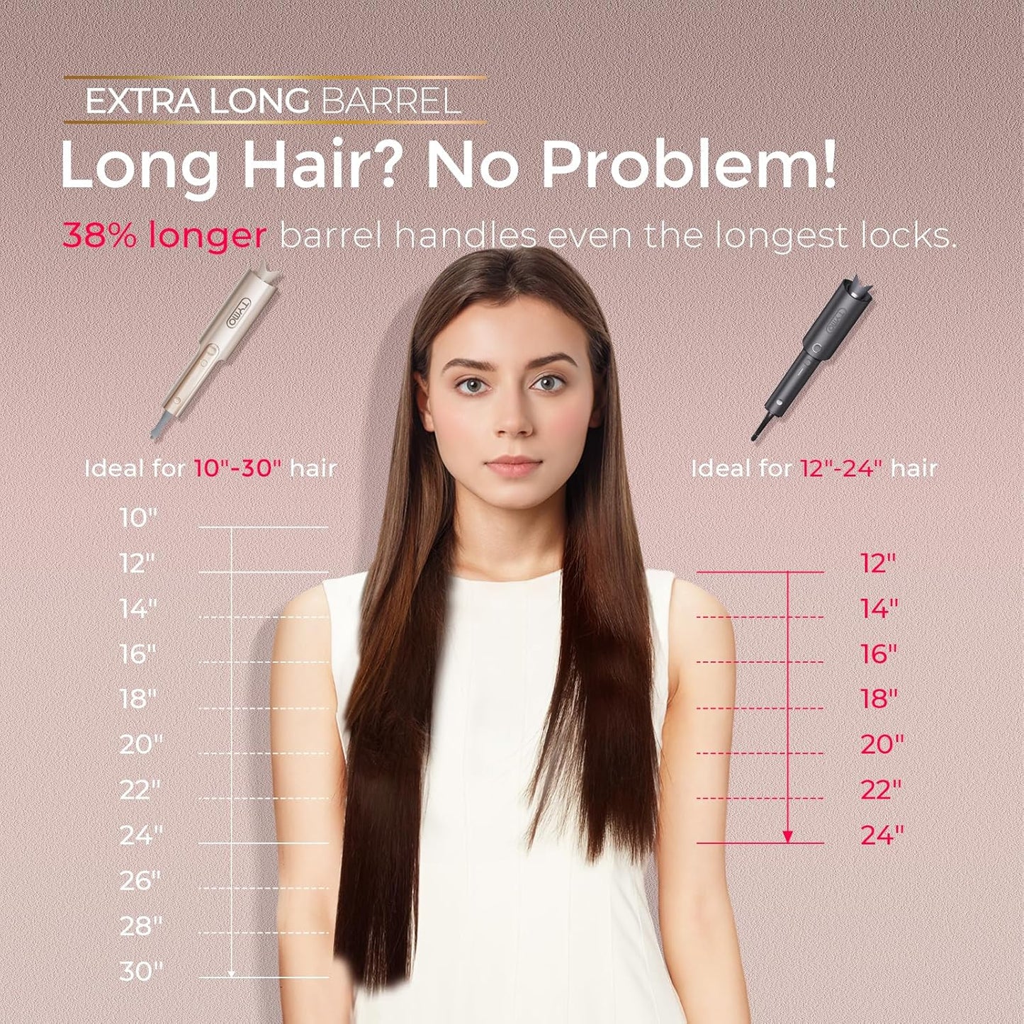 TYMO CurlPro Plus Long Barrel Curling Wand – Ceramic Hair Curler for Long Hair, Anti-Scald, Tangle-Free, Dual Voltage, Gold