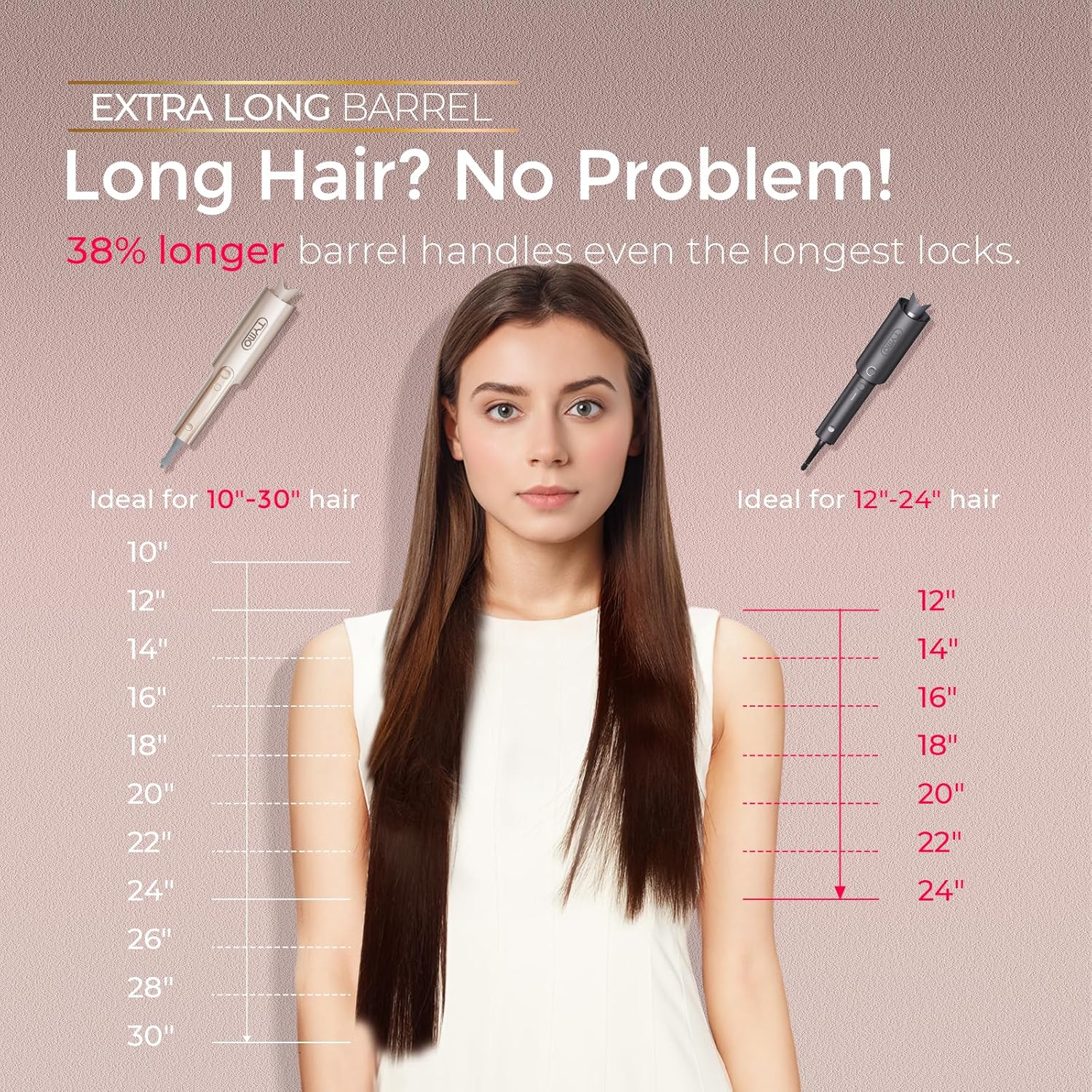 TYMO CurlPro Plus Long Barrel Curling Wand – Ceramic Hair Curler for Long Hair, Anti-Scald, Tangle-Free, Dual Voltage, Gold