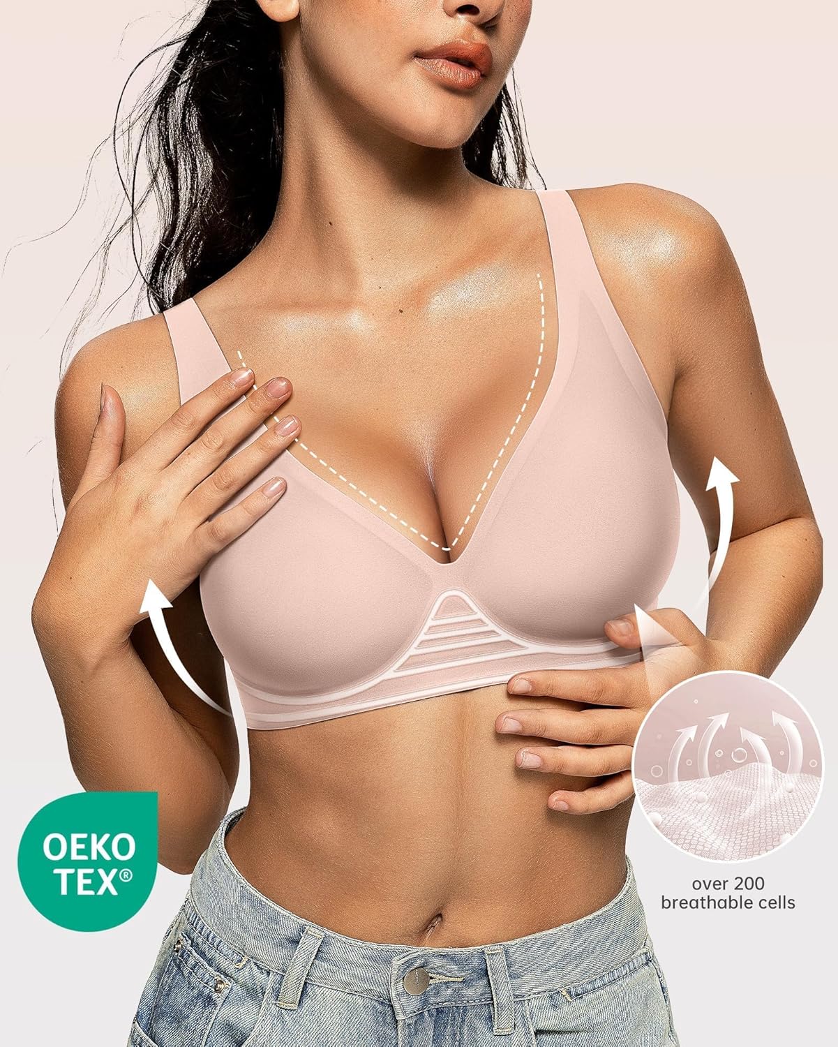 OEAK Women’s Deep V Wireless Bra – Seamless Plunge T-Shirt Bra with Push-Up Support, Comfortable No-Underwire Bralette
