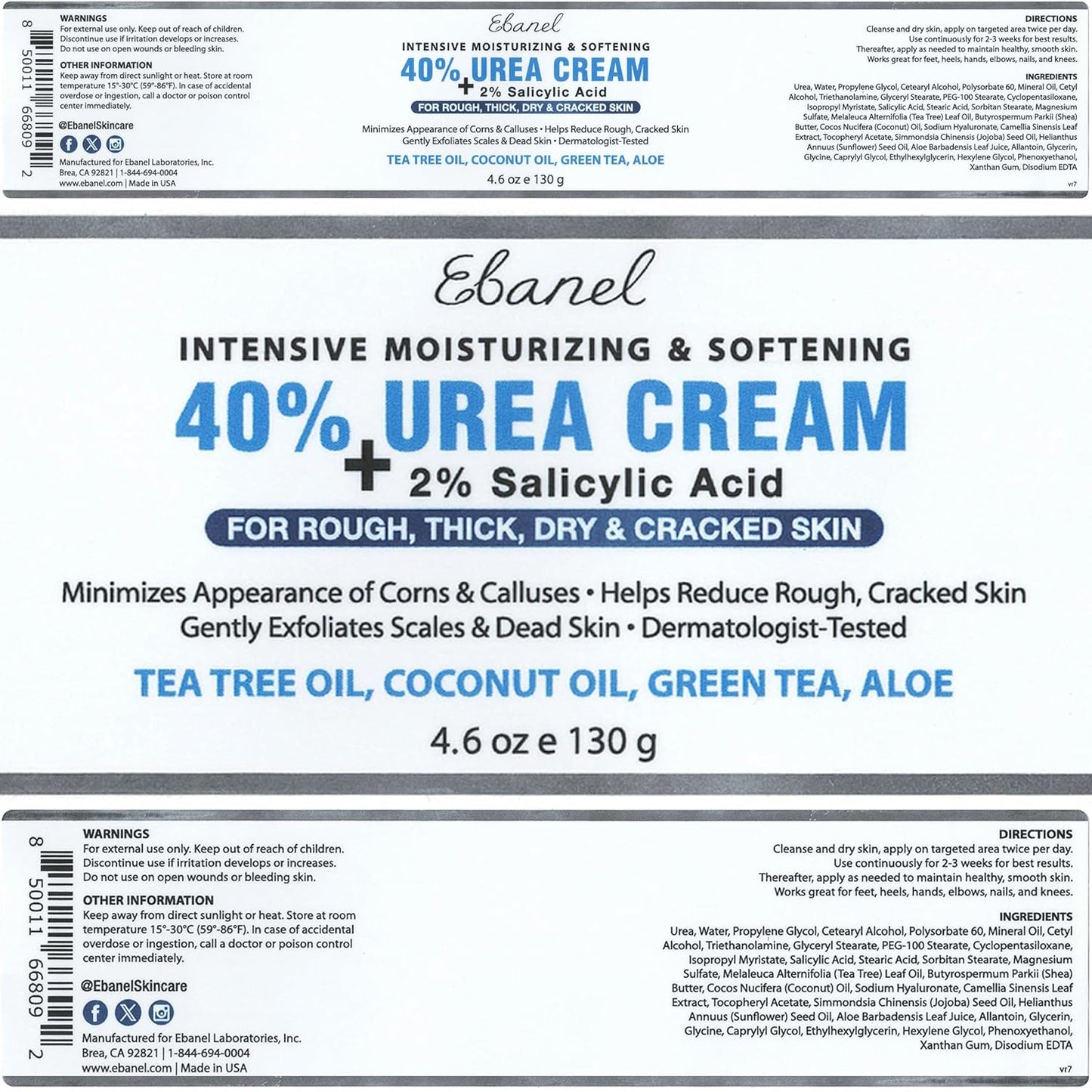 Ebanel Urea Cream 40% + Salicylic Acid 2% – Intensive Foot Cream for Dry, Cracked Heels, Callus & Dead Skin Removal, Skin Barrier Repair