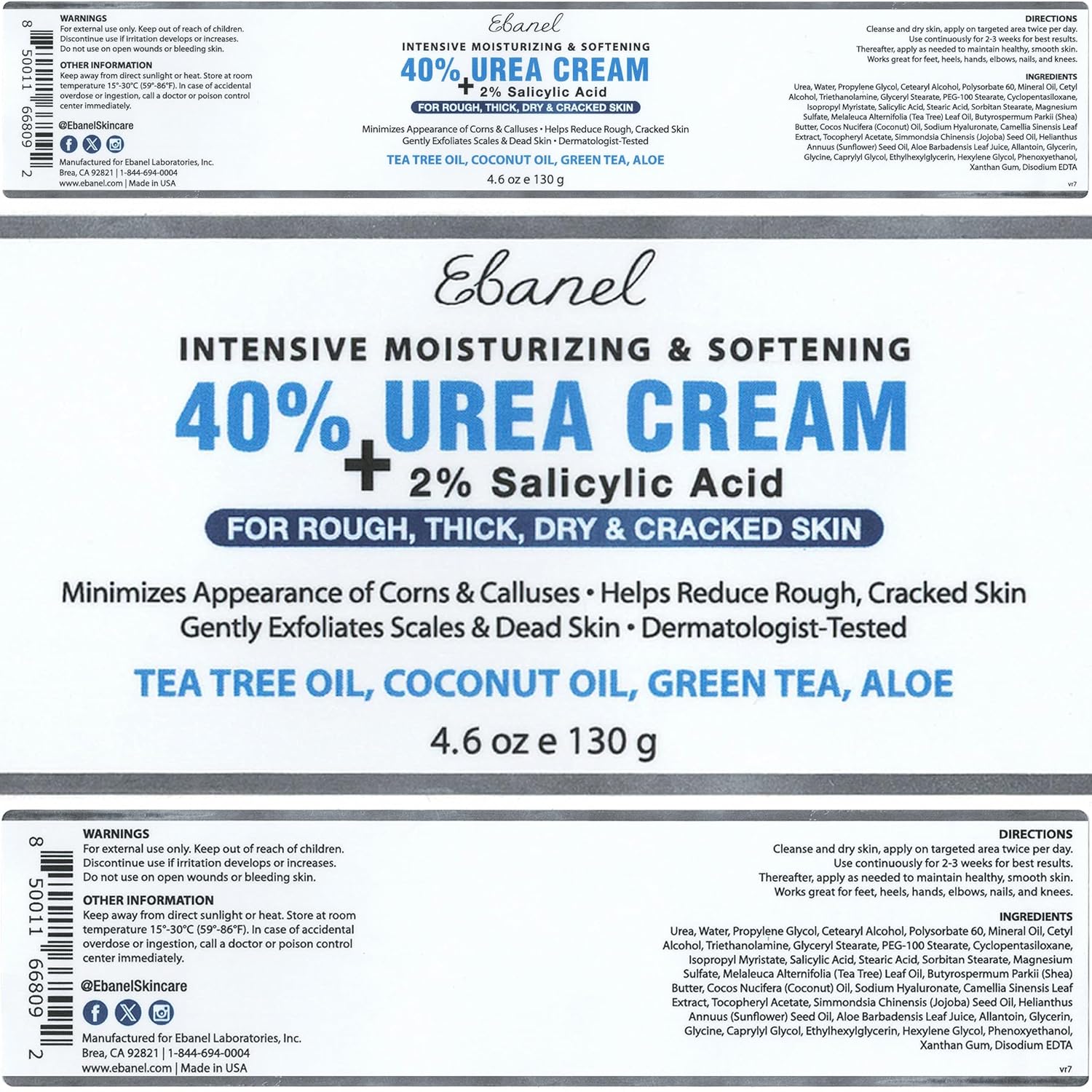 Ebanel Urea Cream 40% + Salicylic Acid 2% – Intensive Foot Cream for Dry, Cracked Heels, Callus & Dead Skin Removal, Skin Barrier Repair
