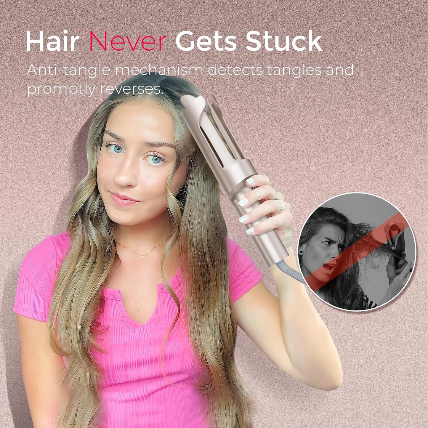 TYMO CurlPro Plus Long Barrel Curling Wand – Ceramic Hair Curler for Long Hair, Anti-Scald, Tangle-Free, Dual Voltage, Gold