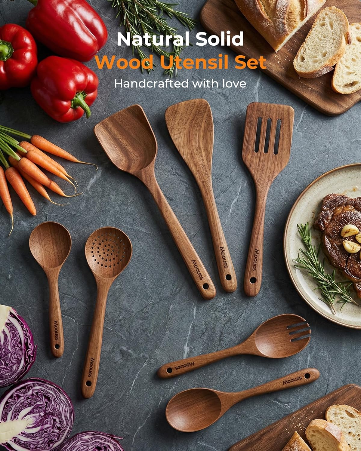 Mooues 9-Piece Acacia Wood Cooking Utensils Set with Holder & Spoon Rest – Natural Wooden Kitchen Tools