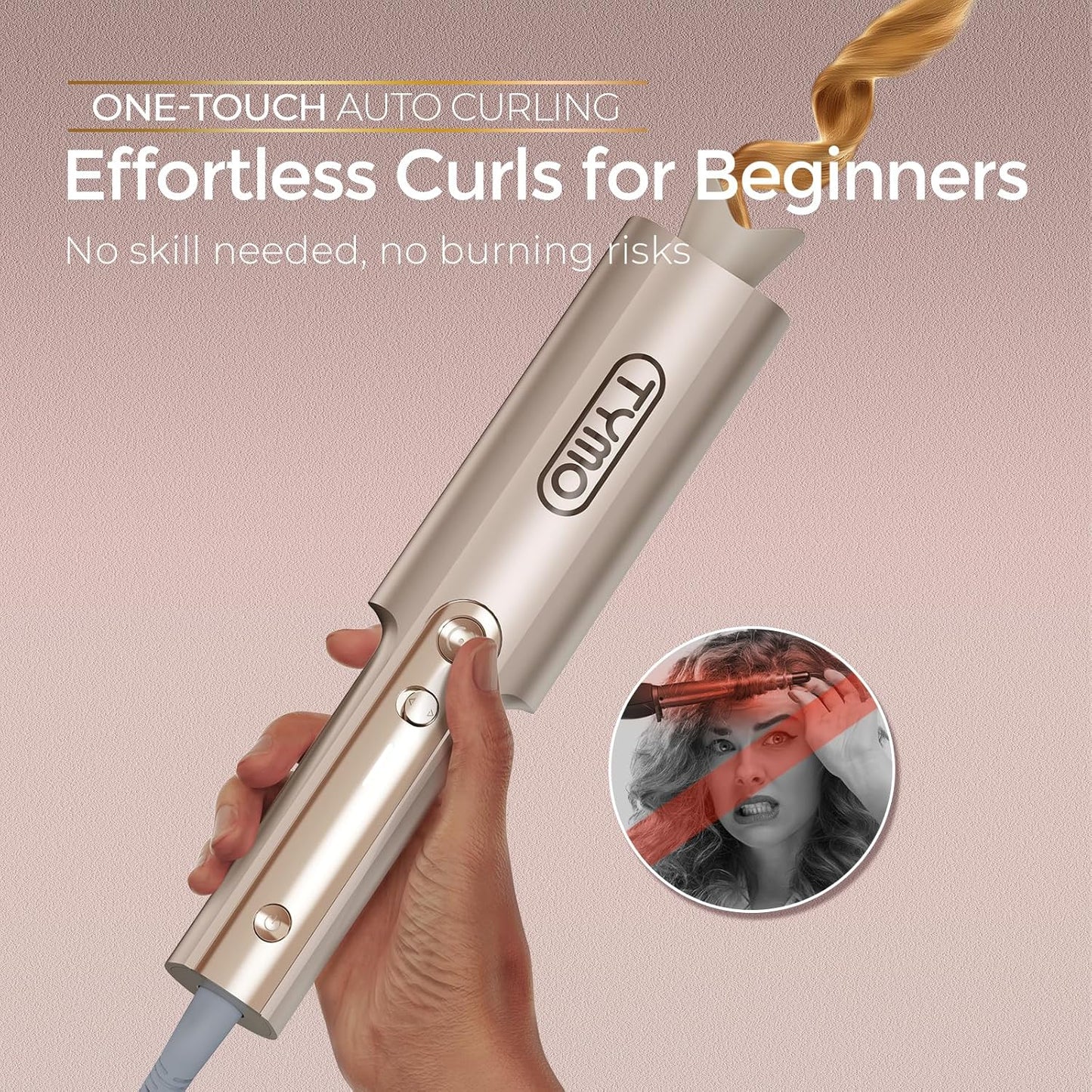TYMO CurlPro Plus Long Barrel Curling Wand – Ceramic Hair Curler for Long Hair, Anti-Scald, Tangle-Free, Dual Voltage, Gold