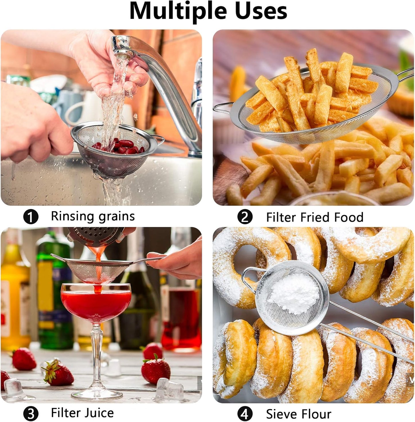 3PCS Stainless Steel Fine Mesh Strainer Set with Handle – Extra Fine Kitchen Sieves for Flour, Rice, Quinoa, Juice & Baking, Small Medium Large Sizes