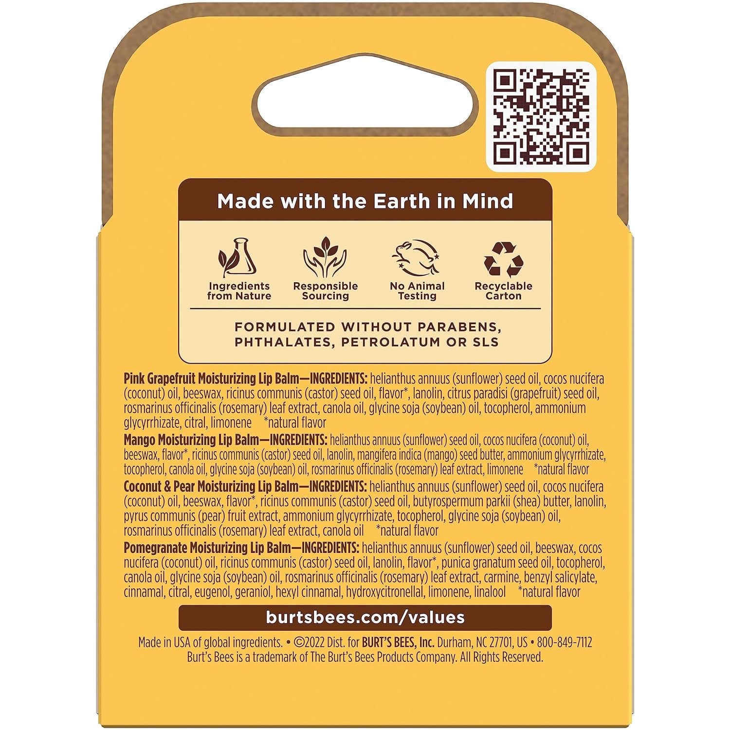 Burt’s Bees Lip Balm 4-Pack – Pink Grapefruit, Mango, Coconut & Pear, Pomegranate Flavors, Natural Beeswax Lip Moisturizer, Tint-Free, 0.15 oz Tubes
