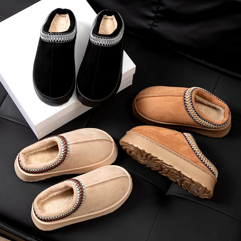 Woman Winter Slippers: Plush Interior, Anti-Slip Sole, Thick Bottom, Embroidered Fashion