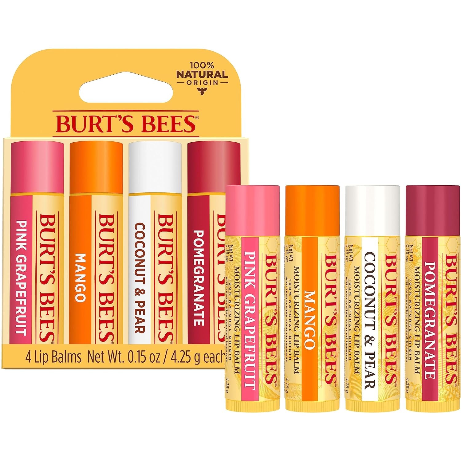 Burt’s Bees Lip Balm 4-Pack – Pink Grapefruit, Mango, Coconut & Pear, Pomegranate Flavors, Natural Beeswax Lip Moisturizer, Tint-Free, 0.15 oz Tubes