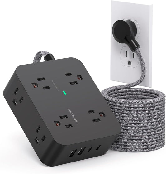 HANYCONY Surge Protector Power Strip – 8 AC Outlets & 4 USB Ports (2 USB-C), Multi Plug Outlet Extender with 5ft Braided Cord, Flat Plug Wall Mount Charging Station, ETL Listed