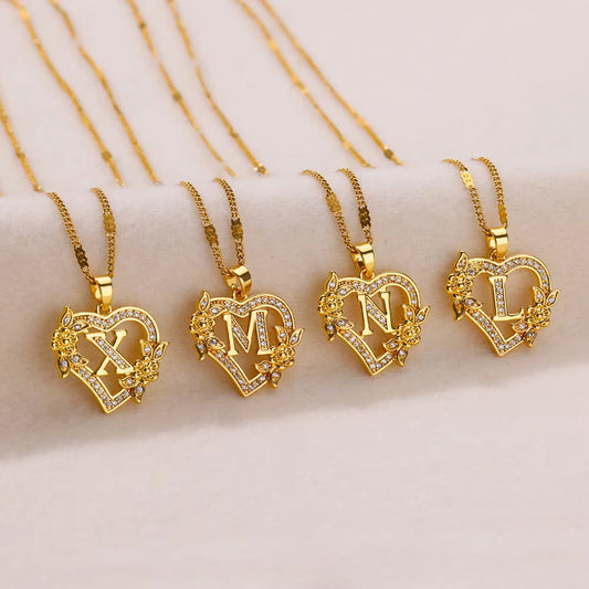 Zircon Flower Heart Initial Necklace – Gold Color Stainless Steel Letter Pendant Chain for Women