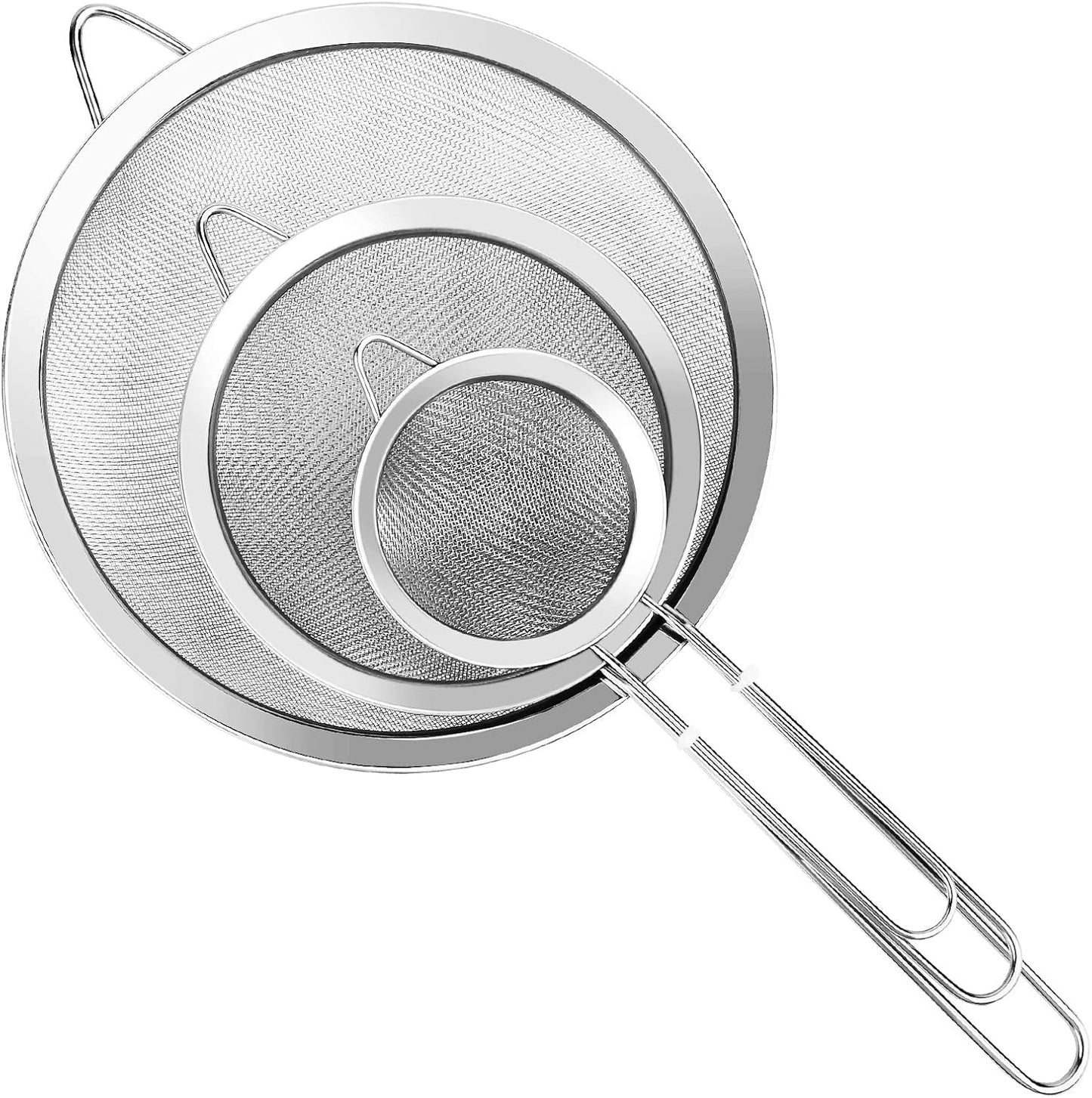3PCS Stainless Steel Fine Mesh Strainer Set with Handle – Extra Fine Kitchen Sieves for Flour, Rice, Quinoa, Juice & Baking, Small Medium Large Sizes
