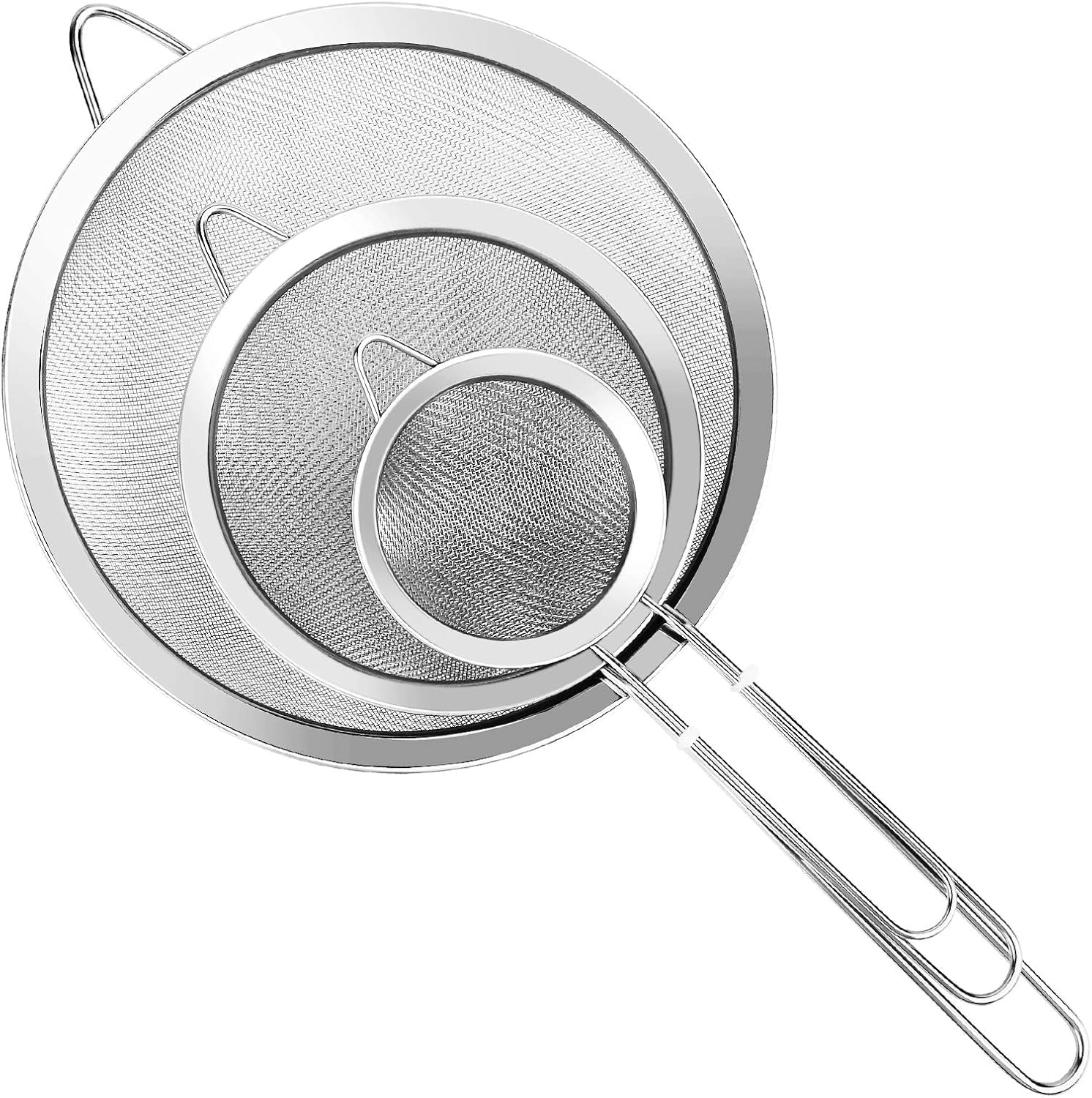 3PCS Stainless Steel Fine Mesh Strainer Set with Handle – Extra Fine Kitchen Sieves for Flour, Rice, Quinoa, Juice & Baking, Small Medium Large Sizes