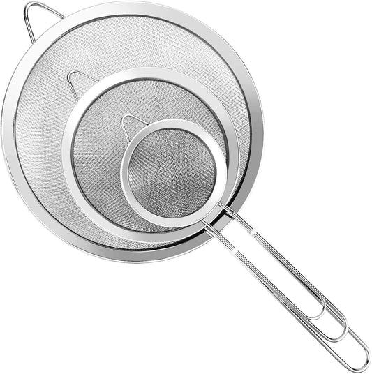 3PCS Stainless Steel Fine Mesh Strainer Set with Handle – Extra Fine Kitchen Sieves for Flour, Rice, Quinoa, Juice & Baking, Small Medium Large Sizes