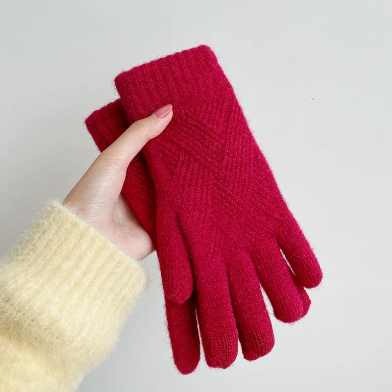 Fashion Cashmere Women Winter Double-Layer Thickening Warm Touch Screen Knitted Woolen Gloves