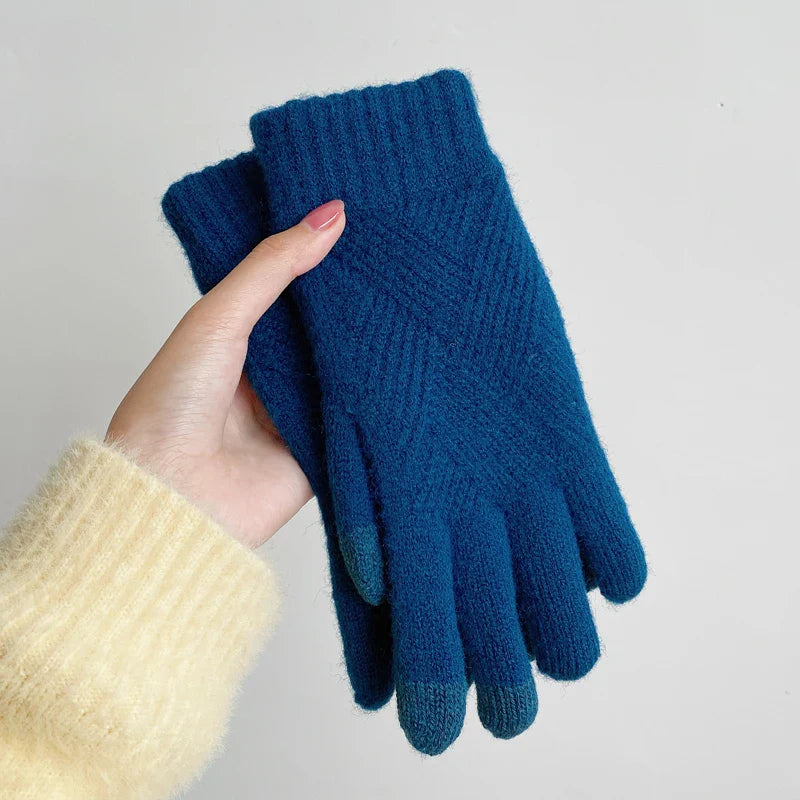 Fashion Cashmere Women Winter Double-Layer Thickening Warm Touch Screen Knitted Woolen Gloves