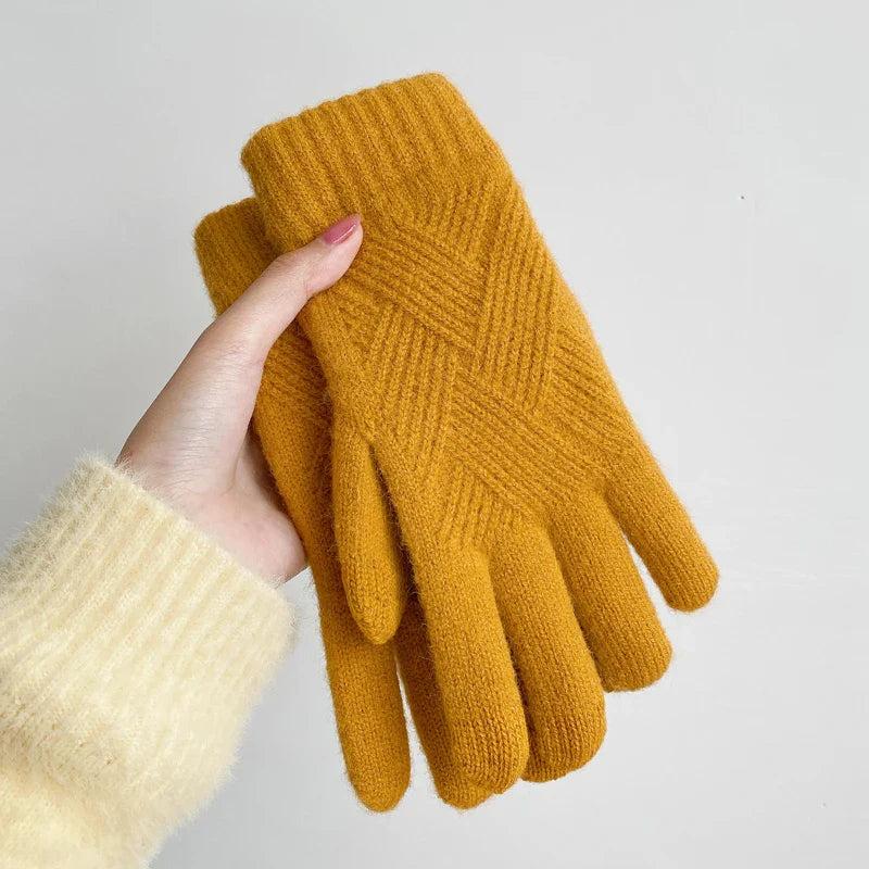 Fashion Cashmere Women Winter Double-Layer Thickening Warm Touch Screen Knitted Woolen Gloves