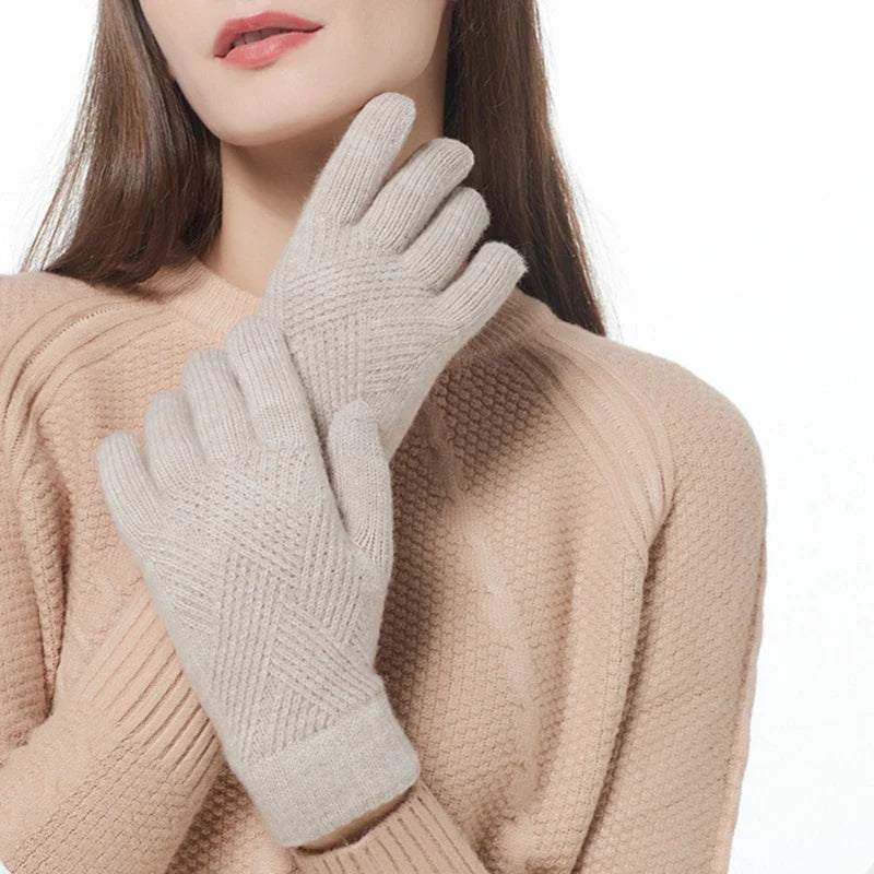 Fashion Cashmere Women Winter Double-Layer Thickening Warm Touch Screen Knitted Woolen Gloves