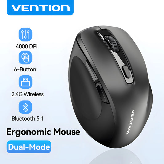 Vention Wireless Mouse – Bluetooth 5.1 & 2.4G Dual-Mode, 4000 DPI, 6-Button Ergonomic Mouse for MacBook, Laptop, Tablet & PC