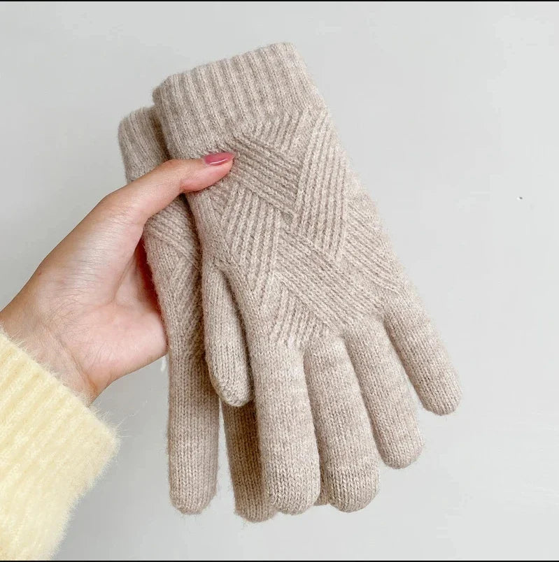 Fashion Cashmere Women Winter Double-Layer Thickening Warm Touch Screen Knitted Woolen Gloves