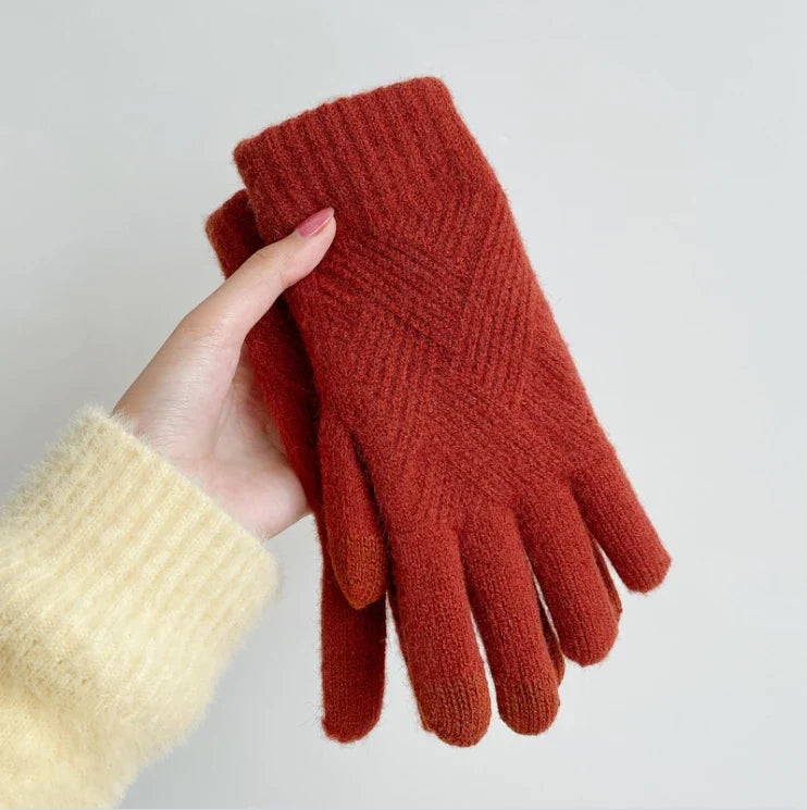 Fashion Cashmere Women Winter Double-Layer Thickening Warm Touch Screen Knitted Woolen Gloves