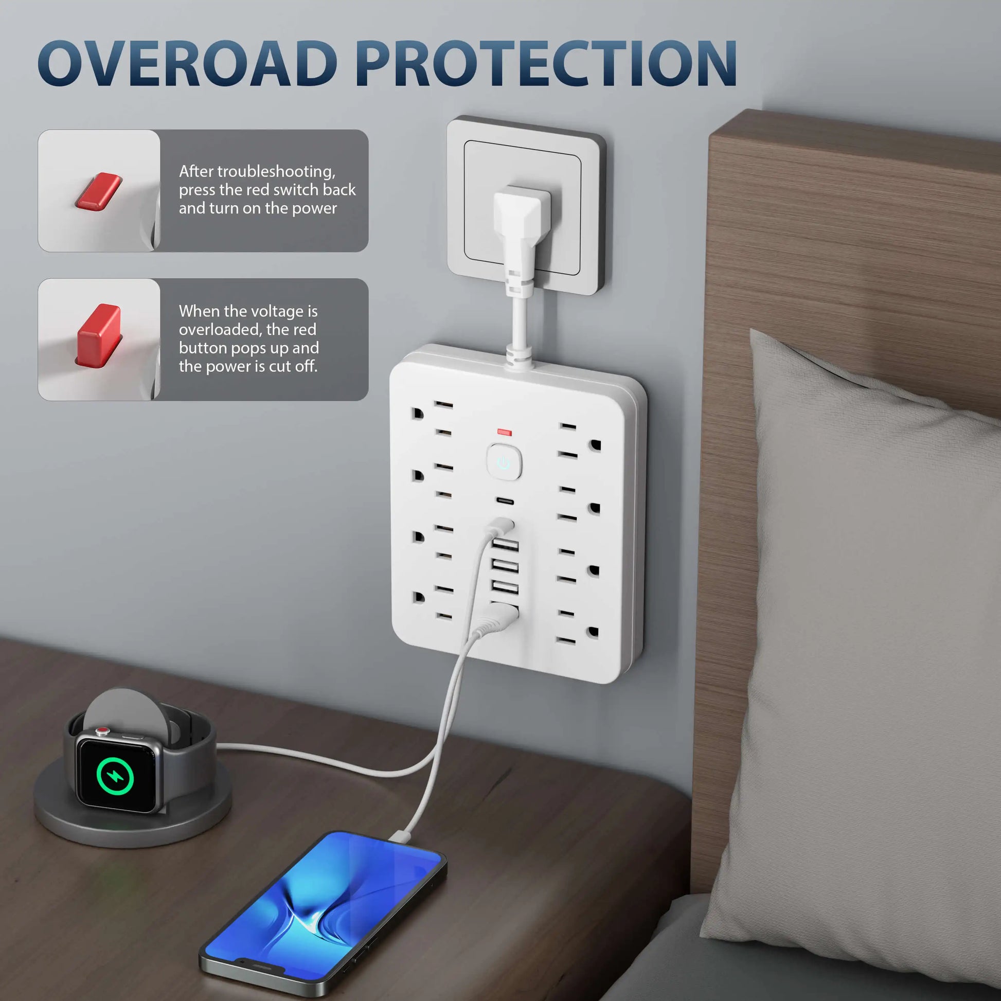 14-in-1 Power Outlet Surge Protector – 8 AC Outlets, 4 USB Ports, 2 Type-C, Desktop Charging Station with Overload Protection