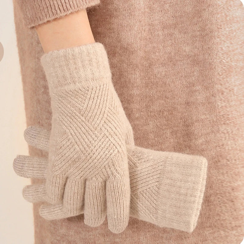 Fashion Cashmere Women Winter Double-Layer Thickening Warm Touch Screen Knitted Woolen Gloves