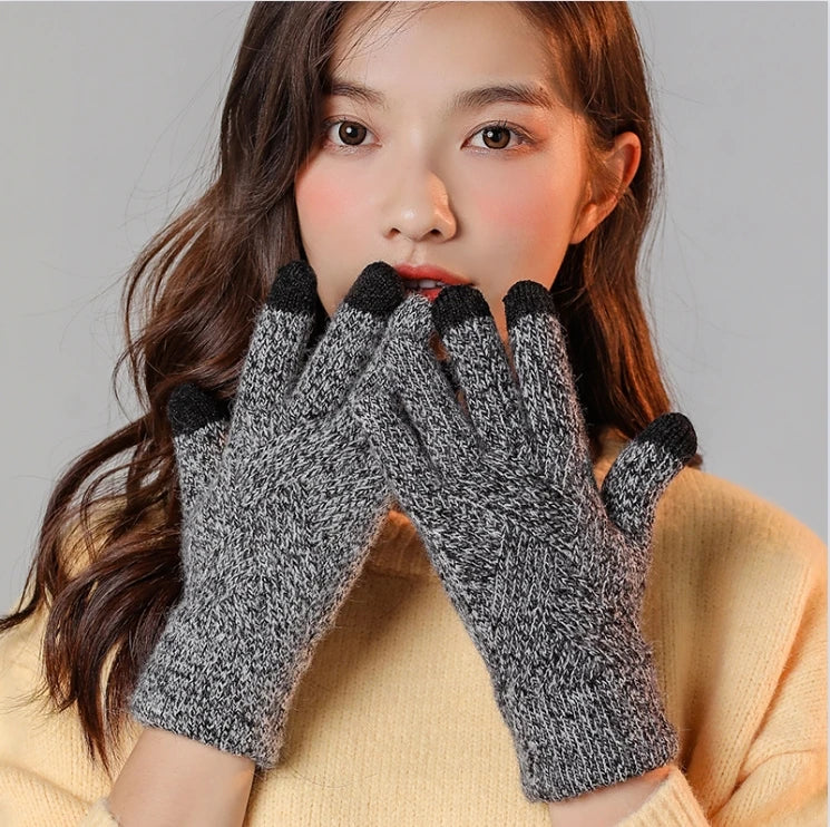 Fashion Cashmere Women Winter Double-Layer Thickening Warm Touch Screen Knitted Woolen Gloves