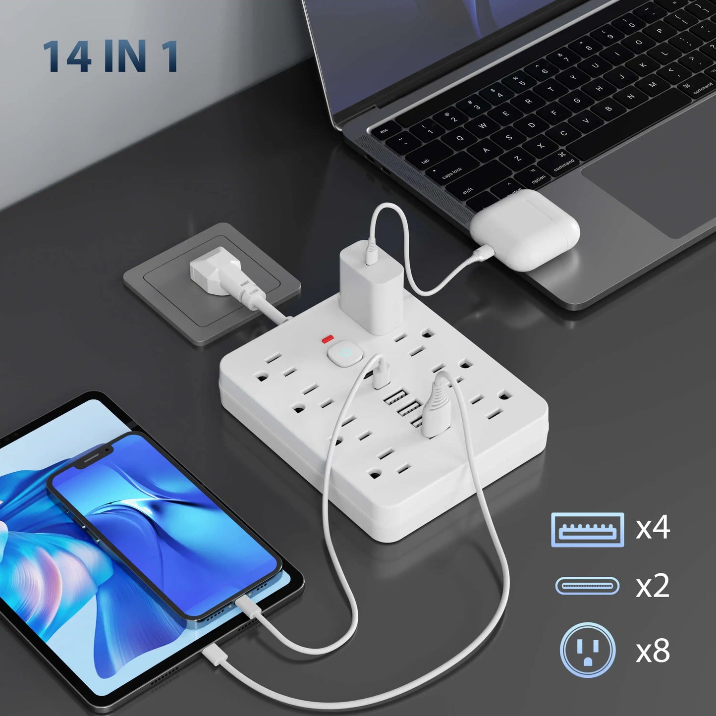 14-in-1 Power Outlet Surge Protector – 8 AC Outlets, 4 USB Ports, 2 Type-C, Desktop Charging Station with Overload Protection