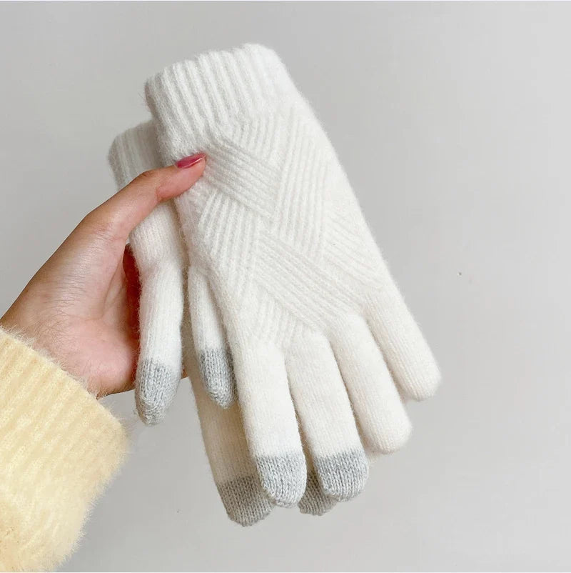 Fashion Cashmere Women Winter Double-Layer Thickening Warm Touch Screen Knitted Woolen Gloves