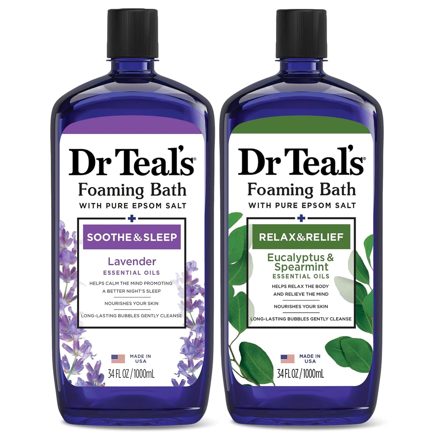 Dr Teal’s Foaming Bath with Pure Epsom Salt – Soothe & Sleep Lavender Bubble Bath Soak, Relaxing Aromatherapy Bath for Stress Relief & Better Sleep, 34 fl oz (Pack of 2)