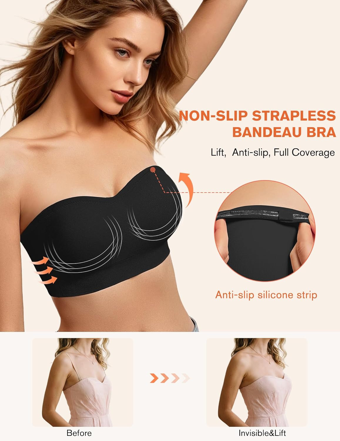 Avidlove Strapless Bandeau Bra – Seamless Non-Slip Wireless Push-Up Bralette with Padding, Invisible No Underwire Tube Top Bra for Everyday Comfort