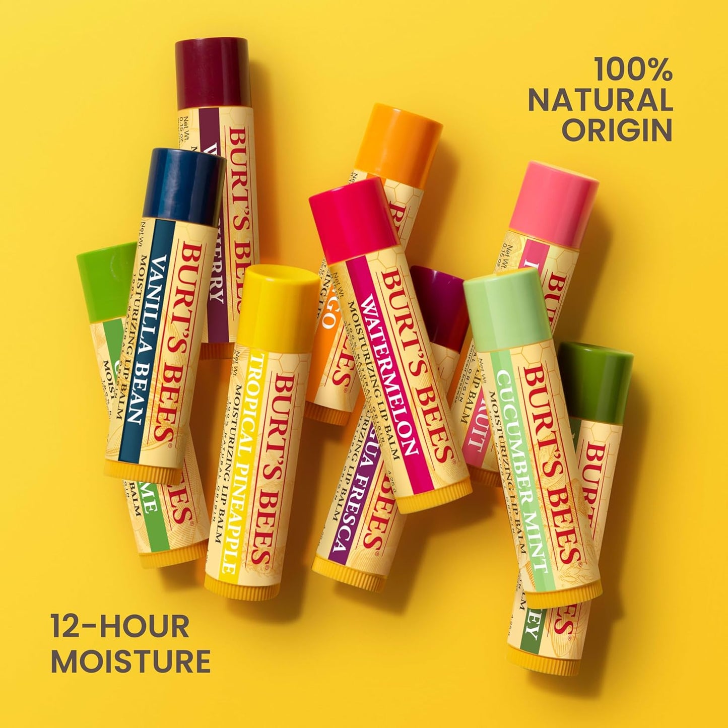 Burt’s Bees Lip Balm 4-Pack – Pink Grapefruit, Mango, Coconut & Pear, Pomegranate Flavors, Natural Beeswax Lip Moisturizer, Tint-Free, 0.15 oz Tubes