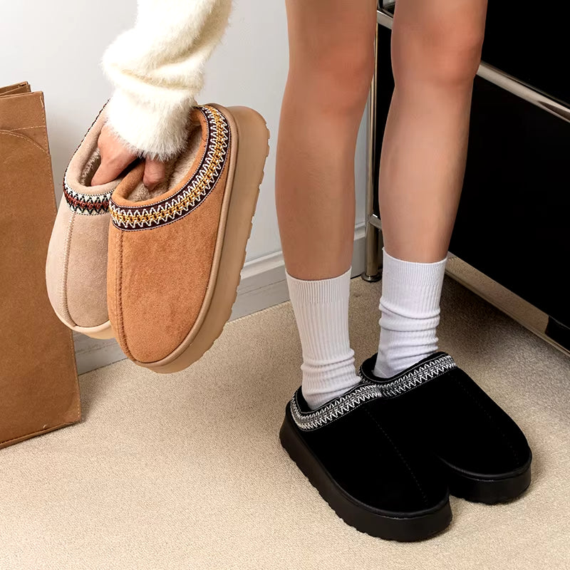 Woman Winter Slippers: Plush Interior, Anti-Slip Sole, Thick Bottom, Embroidered Fashion