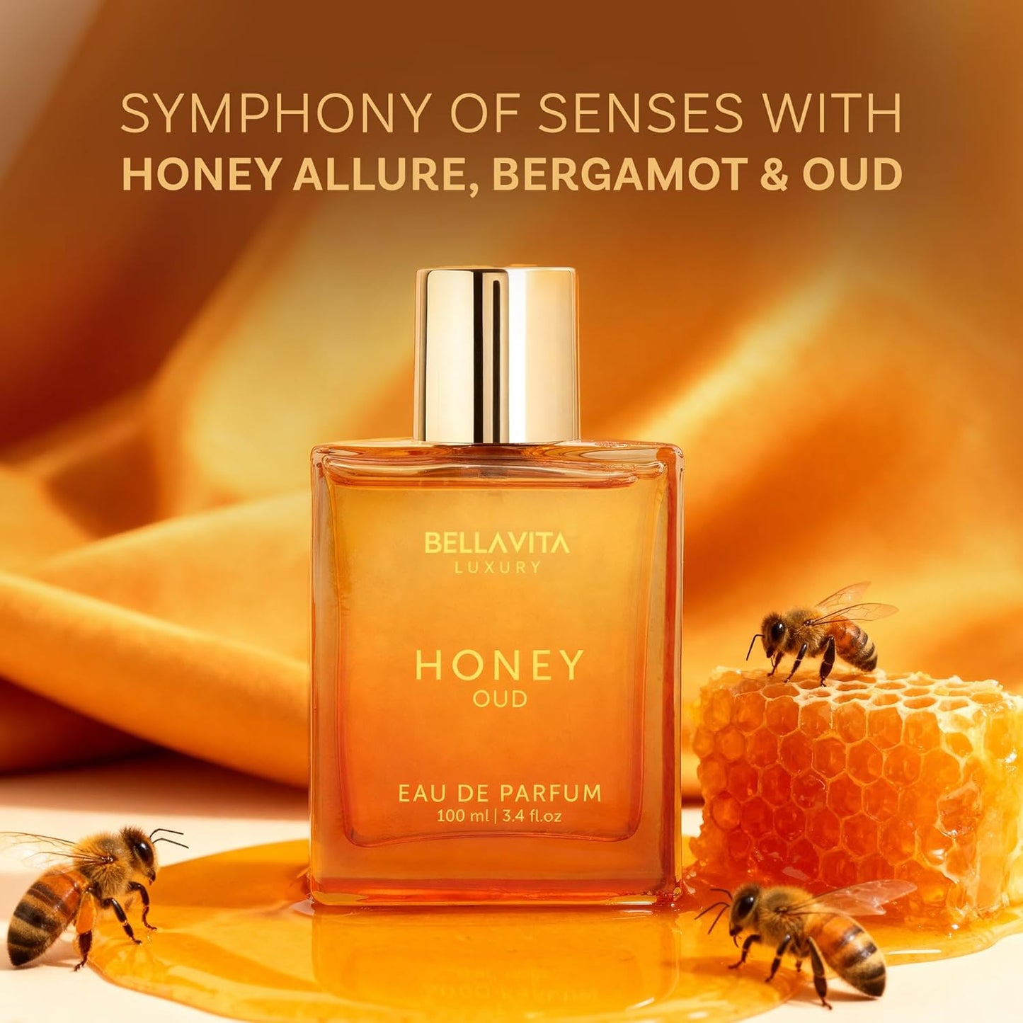 Bellavita Luxury Honey Oud Eau De Parfum – Unisex 3.4 Fl Oz, Long-Lasting Floral, Spicy & Vanilla Fragrance, Clean & Vegan, Cruelty-Free