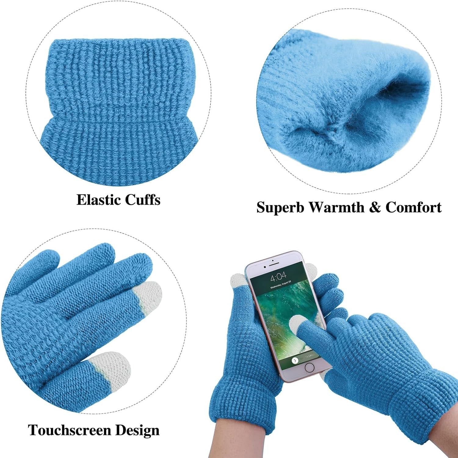 Women’s Winter Warm Knitted Set: Fur Pompoms Beanie, Circle Loop Scarf, and Touch Screen Gloves