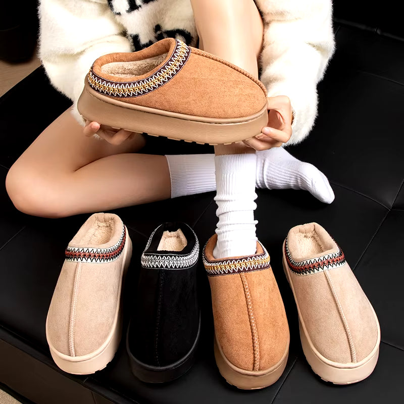 Woman Winter Slippers: Plush Interior, Anti-Slip Sole, Thick Bottom, Embroidered Fashion