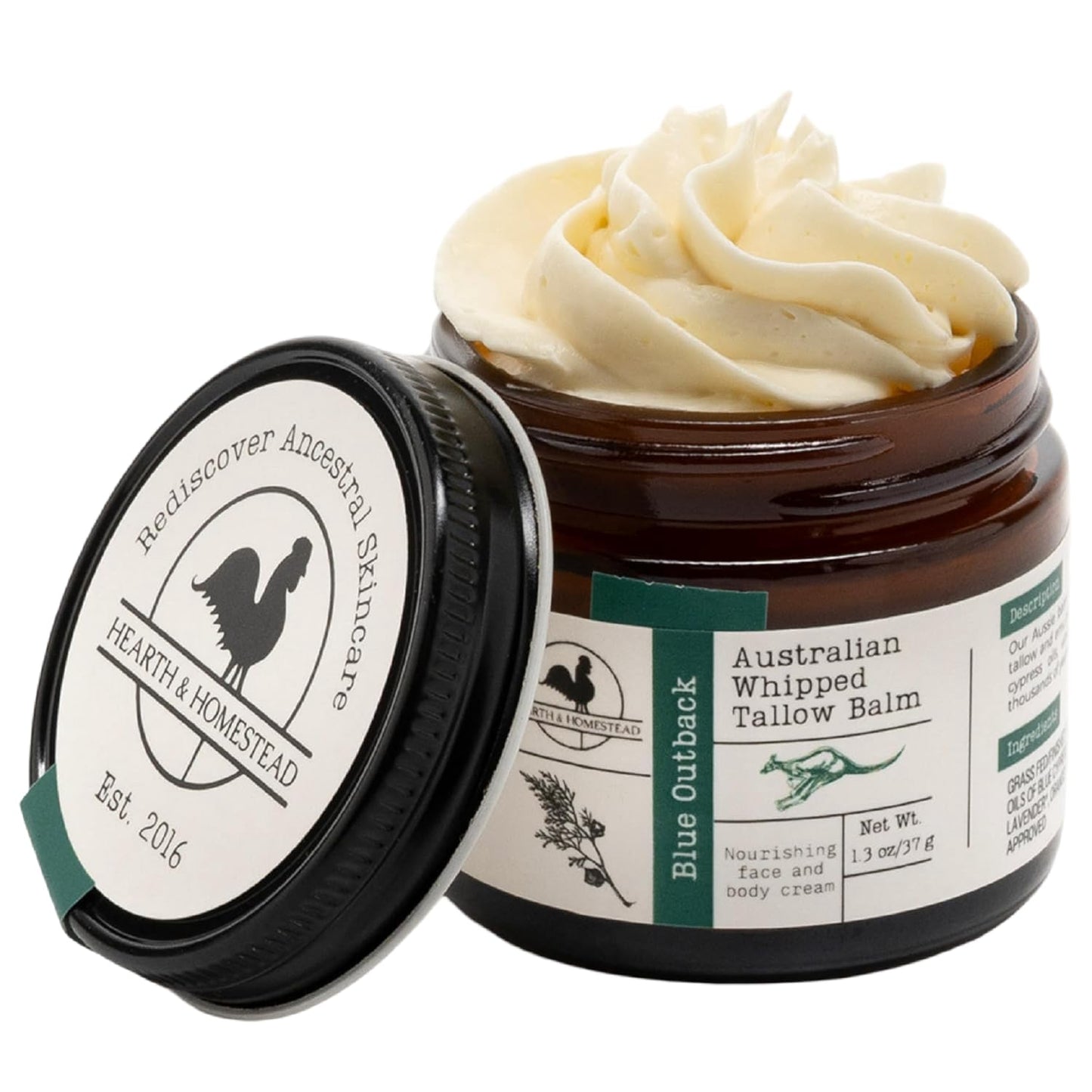 Hearth & Homestead Whipped Grass-Fed Beef Tallow Skin Balm – Organic Face & Body Moisturizer with Olive Oil, Calendula & Rose, Eczema Relief Cream for Dry Skin, Unscented, 1.3 oz