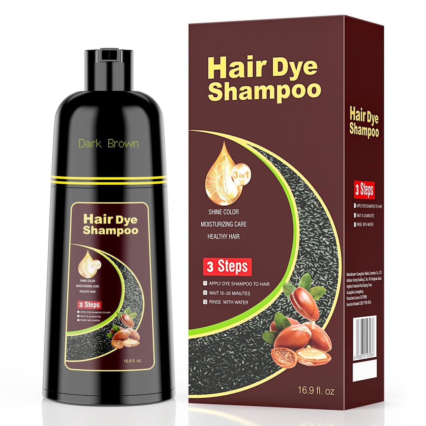 Argan Herbal Black Hair Dye Shampoo – 3-in-1 Color, Cleanse & Condition – Full Gray Coverage for Men & Women (16.9 Fl Oz)