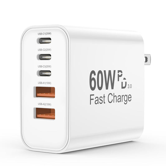 Charging Wall Charger: 5-in-1 2 USB and 3 Type-C Ports for Multiple Devices for iPhones, Tablets, iPad, Samsung, Air Pods Pro & USB-C Devices