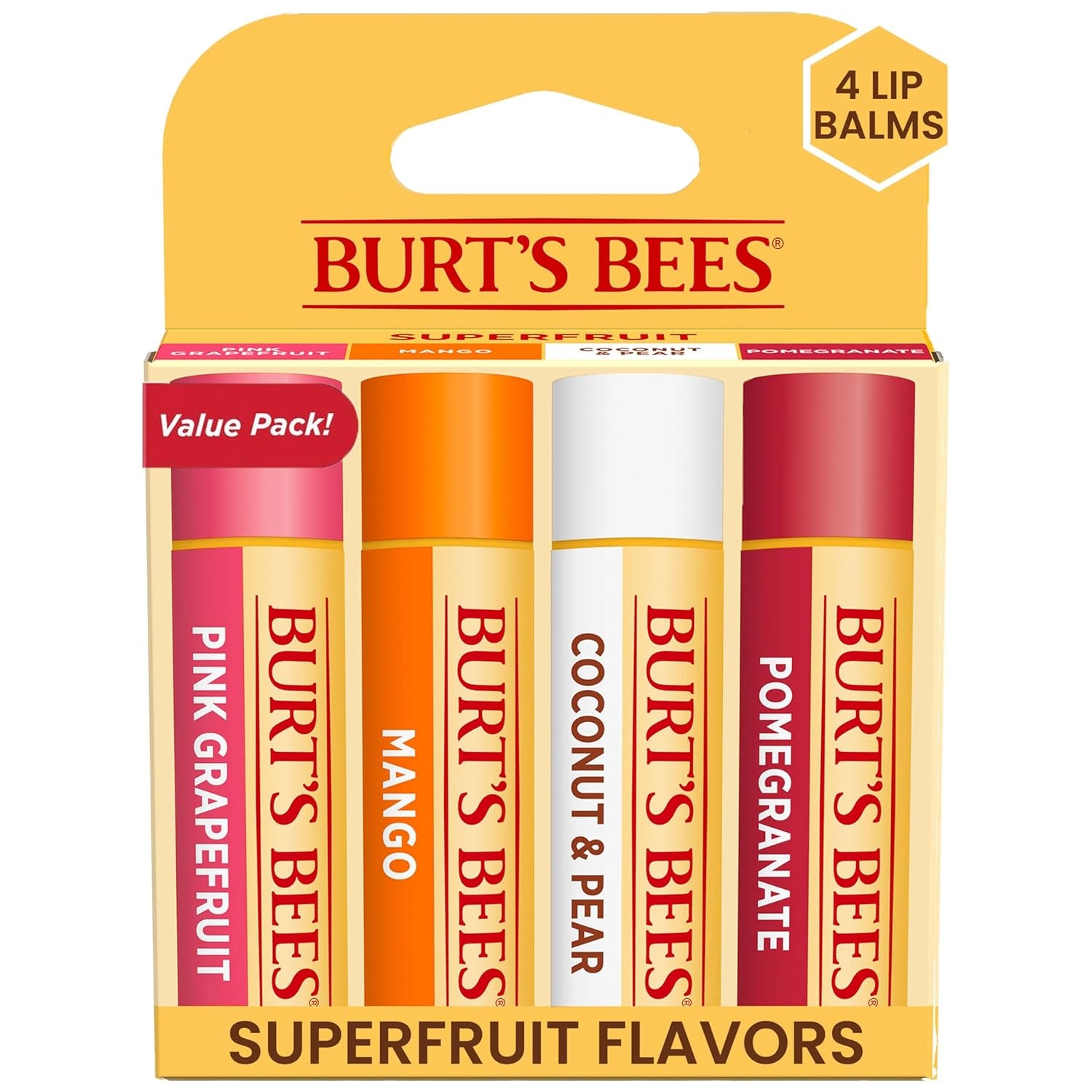 Burt’s Bees Lip Balm 4-Pack – Pink Grapefruit, Mango, Coconut & Pear, Pomegranate Flavors, Natural Beeswax Lip Moisturizer, Tint-Free, 0.15 oz Tubes