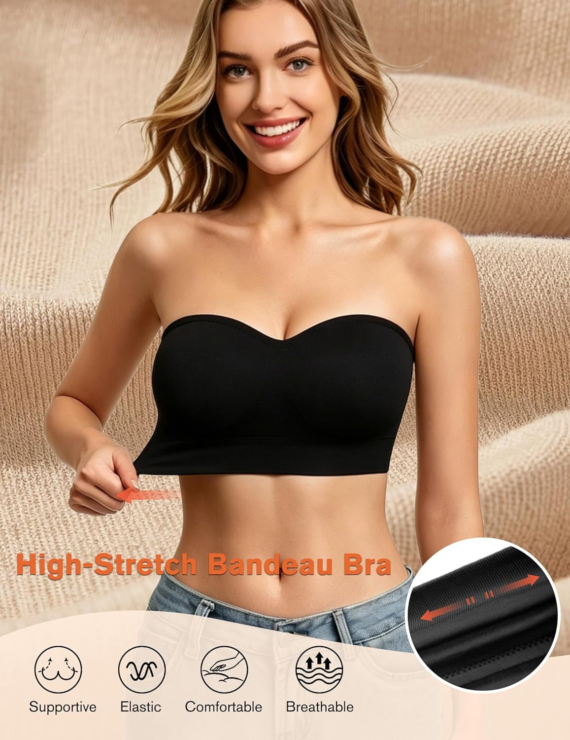 Avidlove Strapless Bandeau Bra – Seamless Non-Slip Wireless Push-Up Bralette with Padding, Invisible No Underwire Tube Top Bra for Everyday Comfort