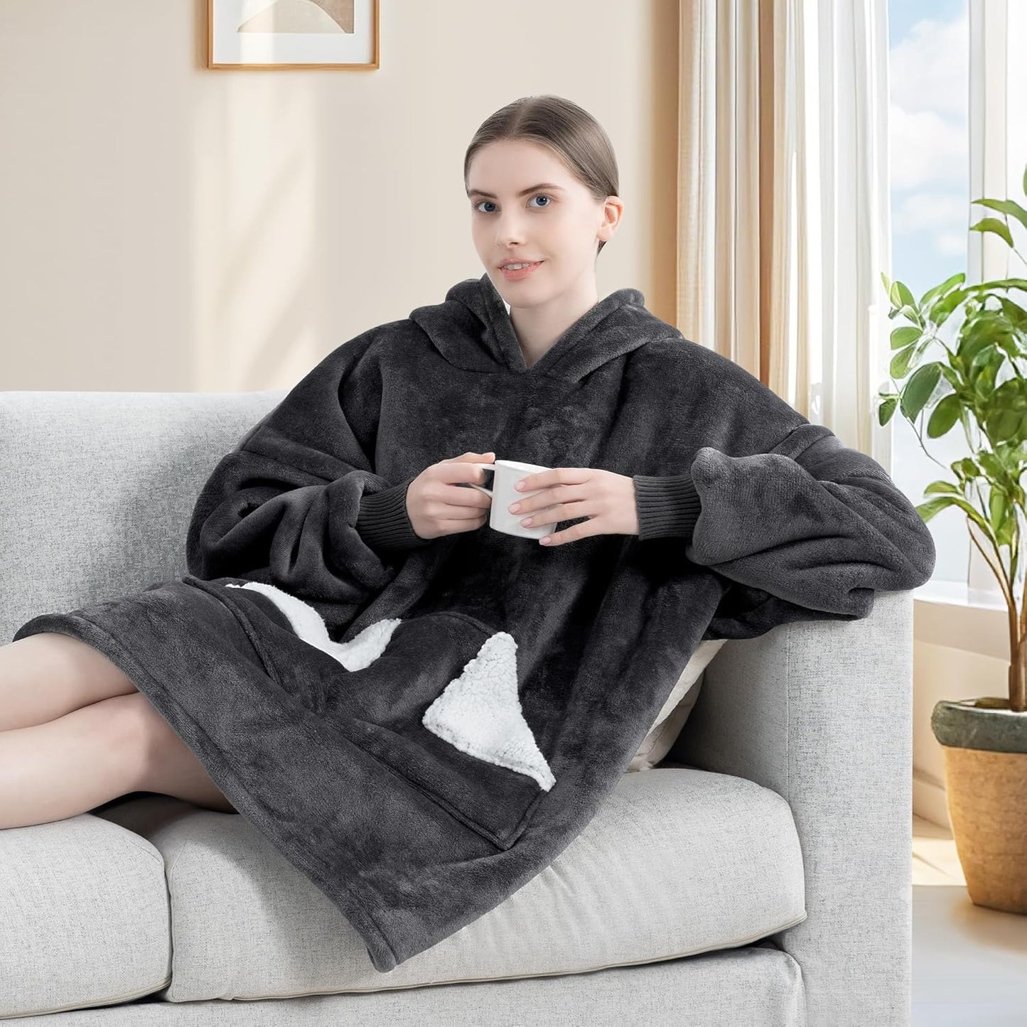 Touchat Wearable Blanket Hoodie for Adults – Oversized Sherpa Fleece Sweatshirt Blanket with Hood, Sleeves & Giant Front Pocket, Ultra-Warm Cozy Grey Gift for Women