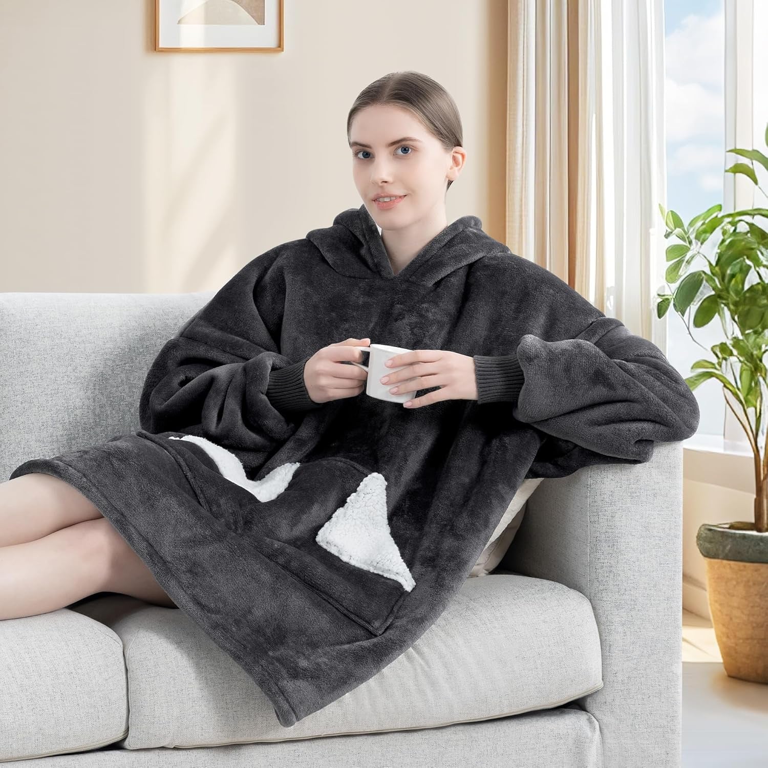 Touchat Wearable Blanket Hoodie for Adults – Oversized Sherpa Fleece Sweatshirt Blanket with Hood, Sleeves & Giant Front Pocket, Ultra-Warm Cozy Grey Gift for Women